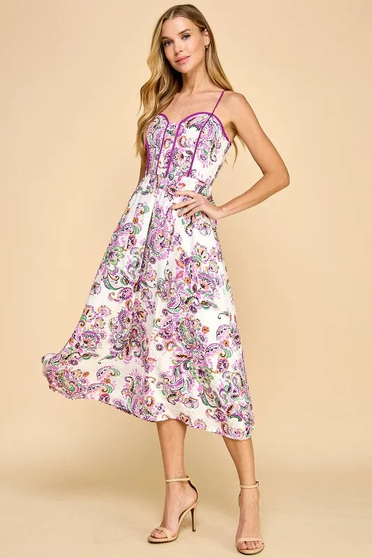 Paisley Print Contrast Binding Detail Midi Dress
