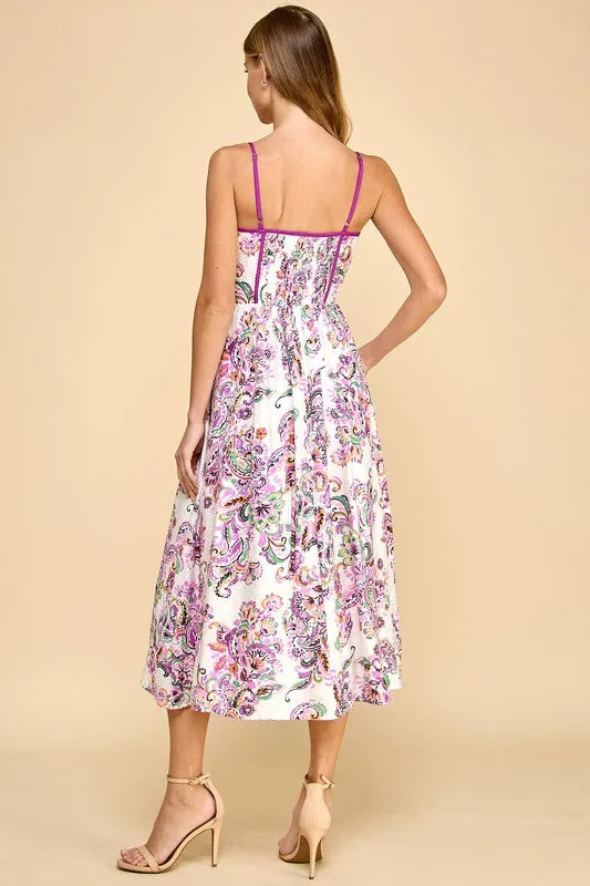 Paisley Print Contrast Binding Detail Midi Dress