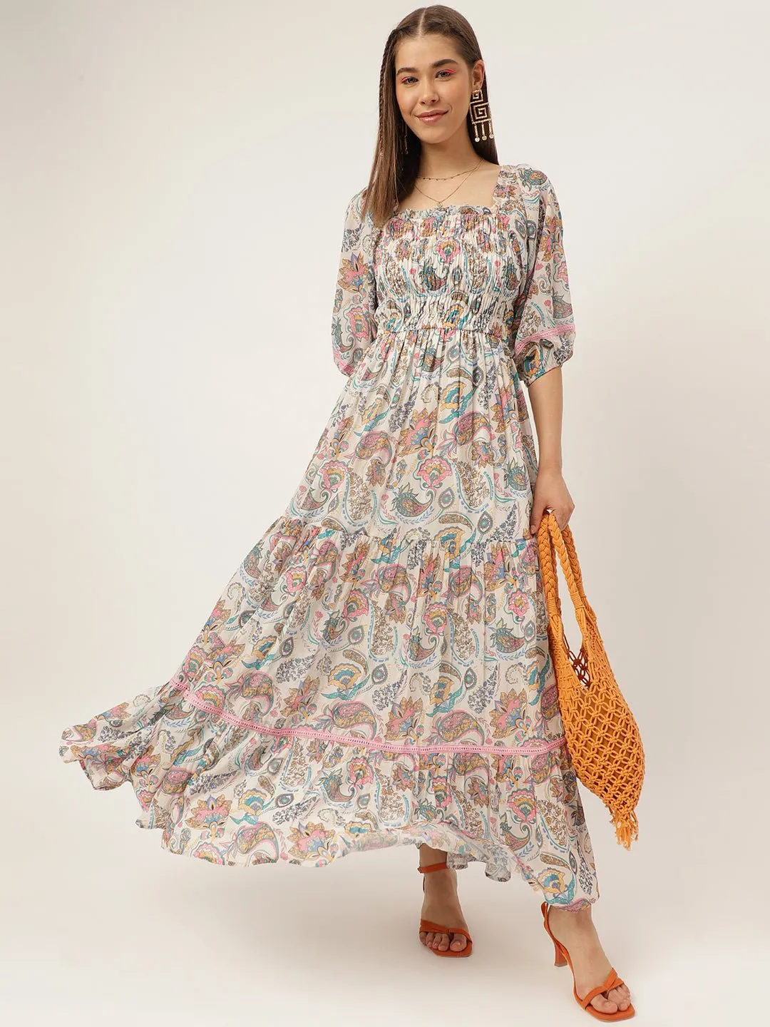 Paisley Print Fit & Flare Maxi Dress