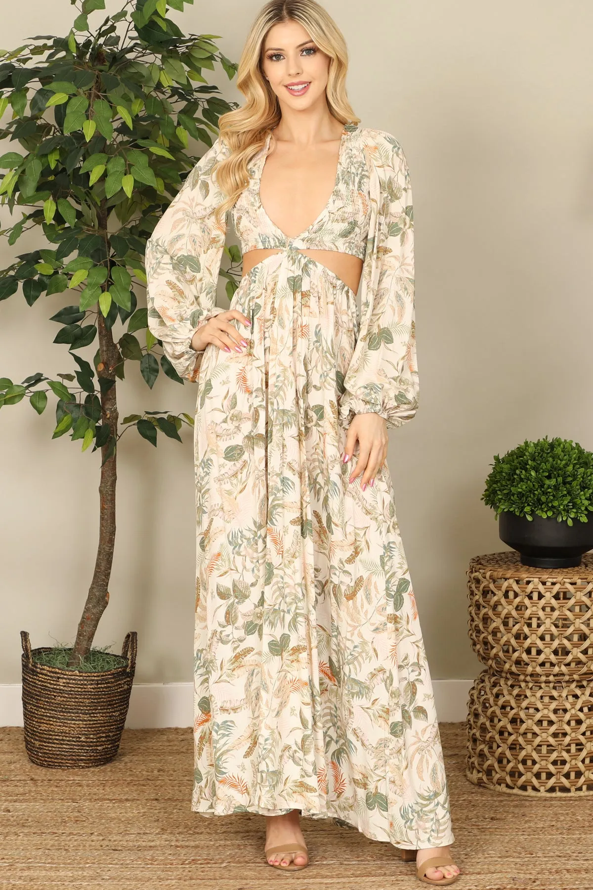 Pale Cut-out Side Puff Long Sleeve Printed Maxi Dress
