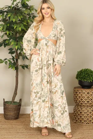 Pale Cut-out Side Puff Long Sleeve Printed Maxi Dress