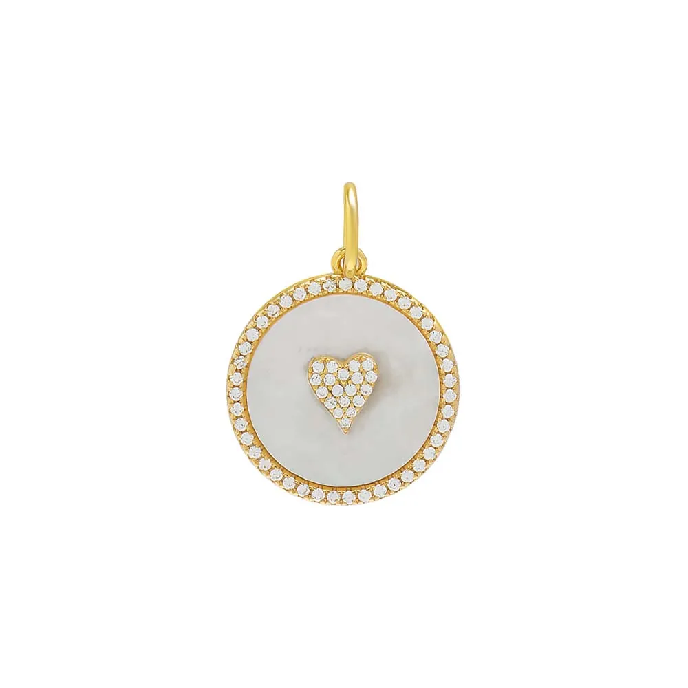 Pave Mother Of Pearl Heart Coin Necklace Charm