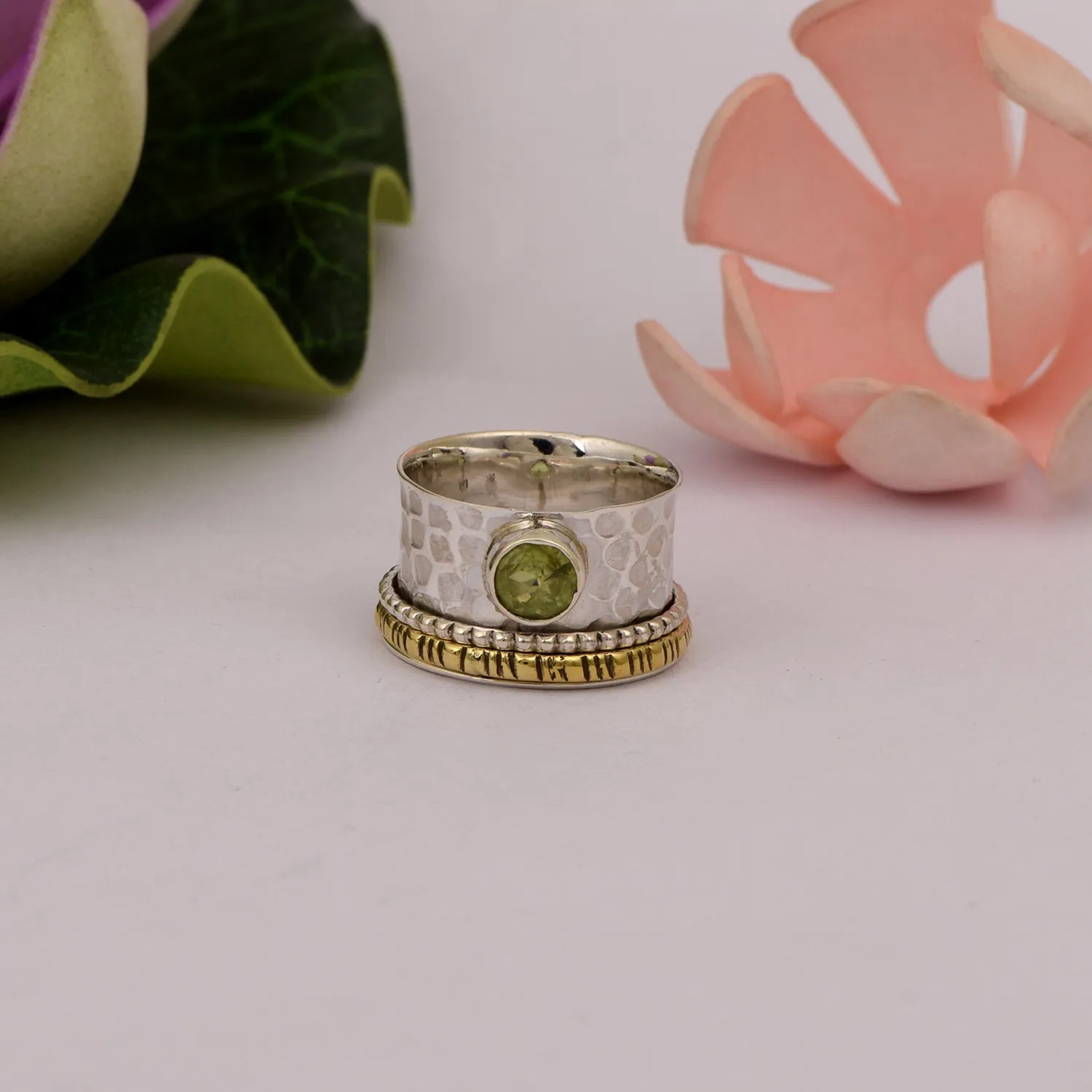 Peridot Multi Band Engraved Meditation Spinner Ring