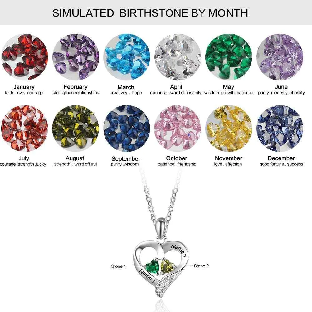 personalized silver Dainty Birthstone heart necklace with 2 stones name jewelry for women mothers day gift