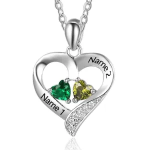personalized silver Dainty Birthstone heart necklace with 2 stones name jewelry for women mothers day gift