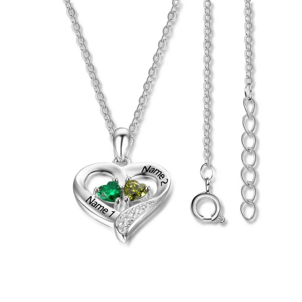 personalized silver Dainty Birthstone heart necklace with 2 stones name jewelry for women mothers day gift