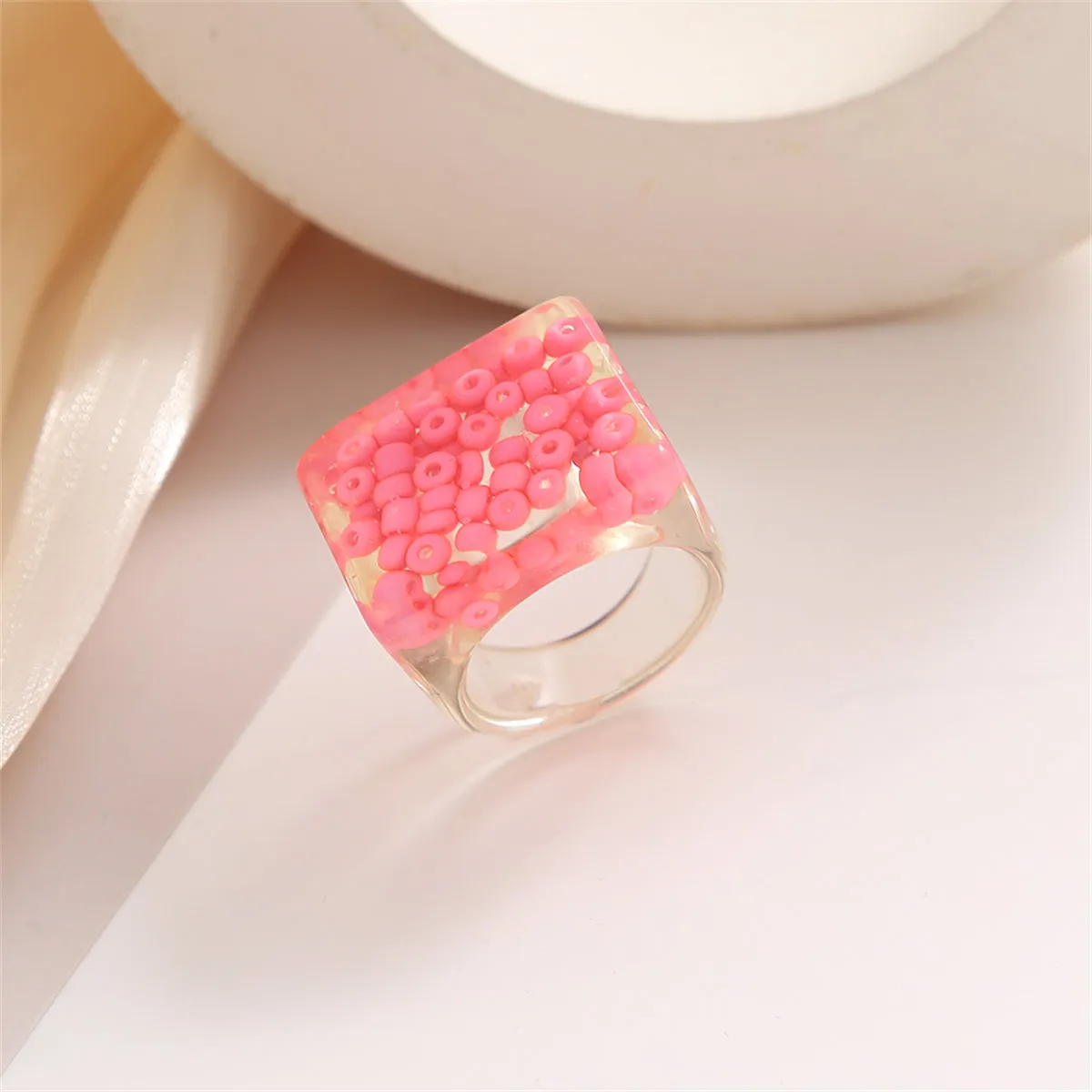 Pink & Translucent Beaded Square Ring