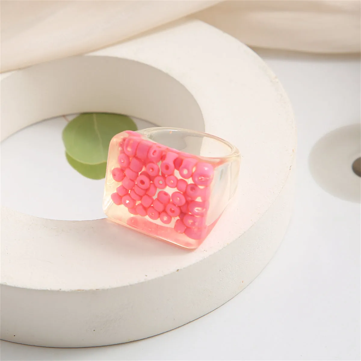 Pink & Translucent Beaded Square Ring