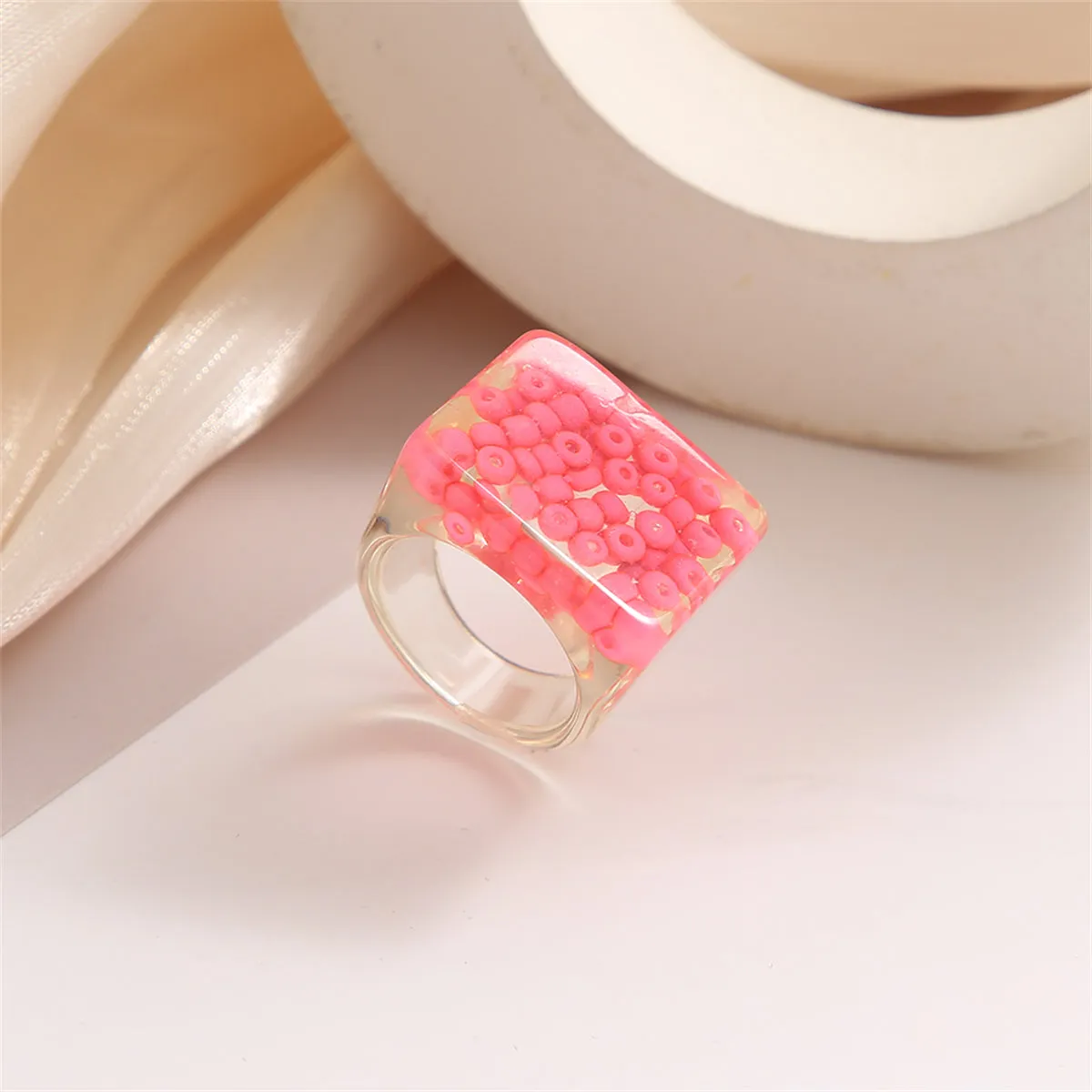 Pink & Translucent Beaded Square Ring