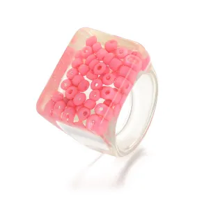 Pink & Translucent Beaded Square Ring