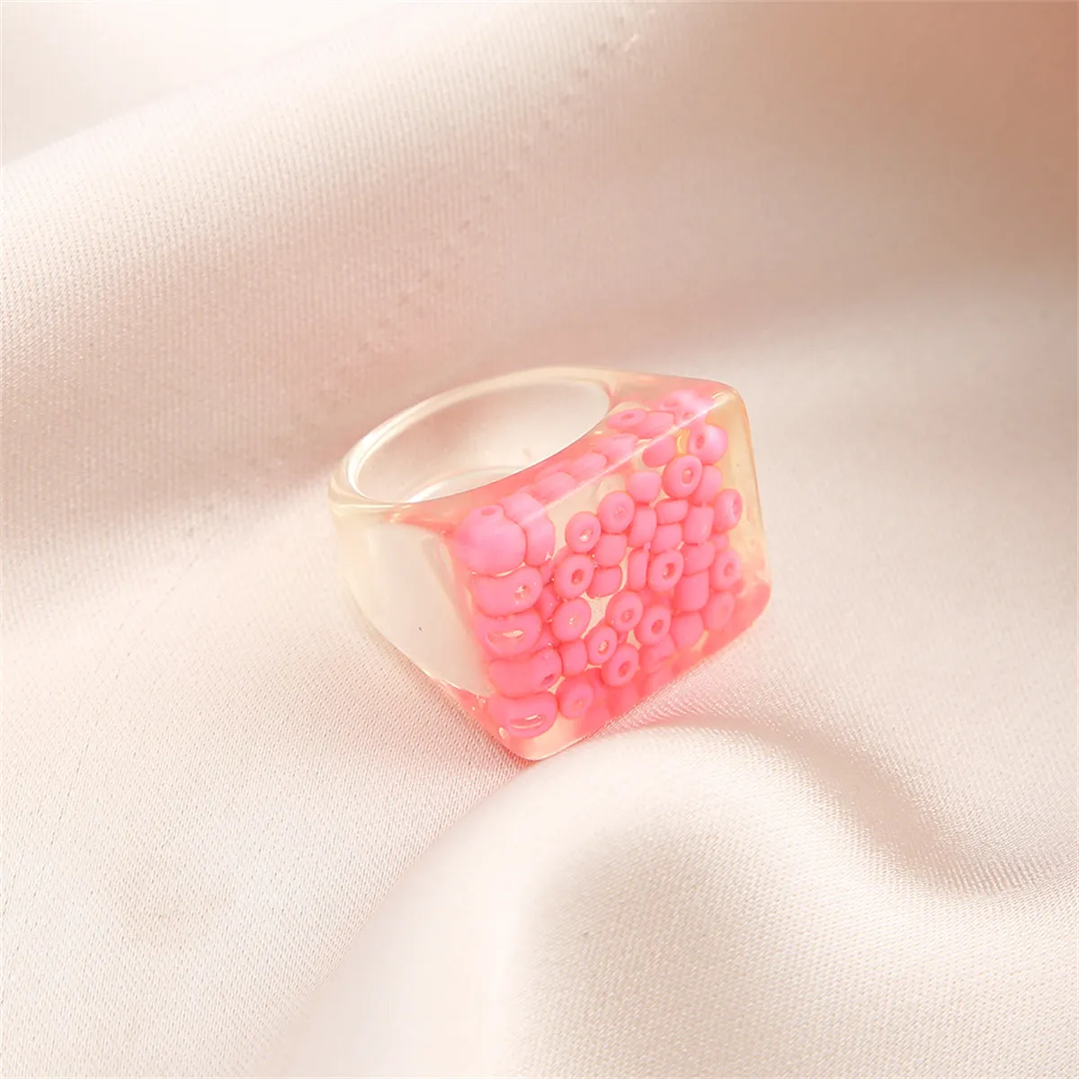 Pink & Translucent Beaded Square Ring