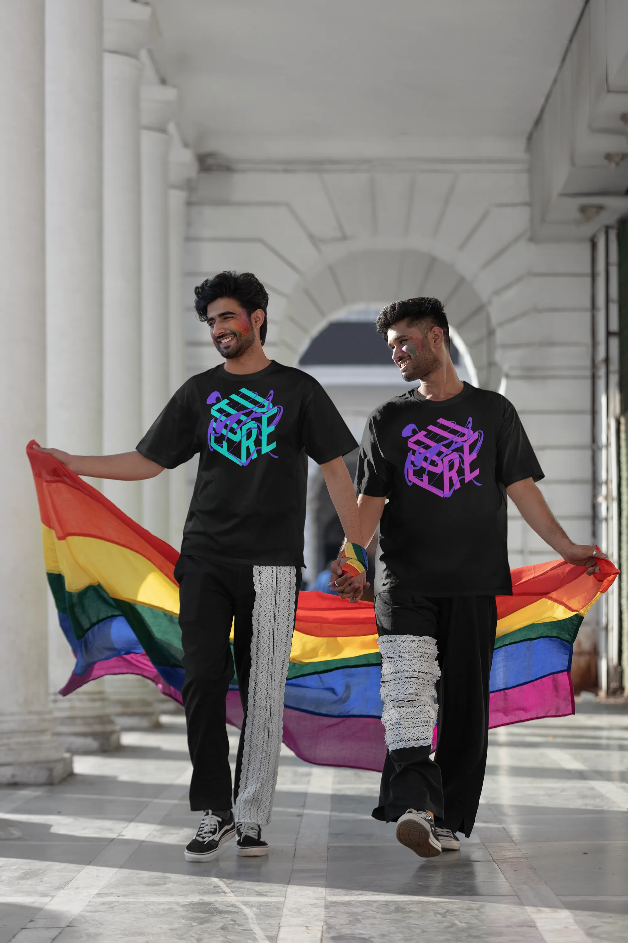 Pink and Purple Future is Fluid Graphic Tee Abstract Art LGBTQIA2S  Pride on front of Black Oversize Deep Drop Shoulder Tee - 190 GSM