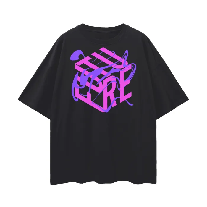 Pink and Purple Future is Fluid Graphic Tee Abstract Art LGBTQIA2S  Pride on front of Black Oversize Deep Drop Shoulder Tee - 190 GSM