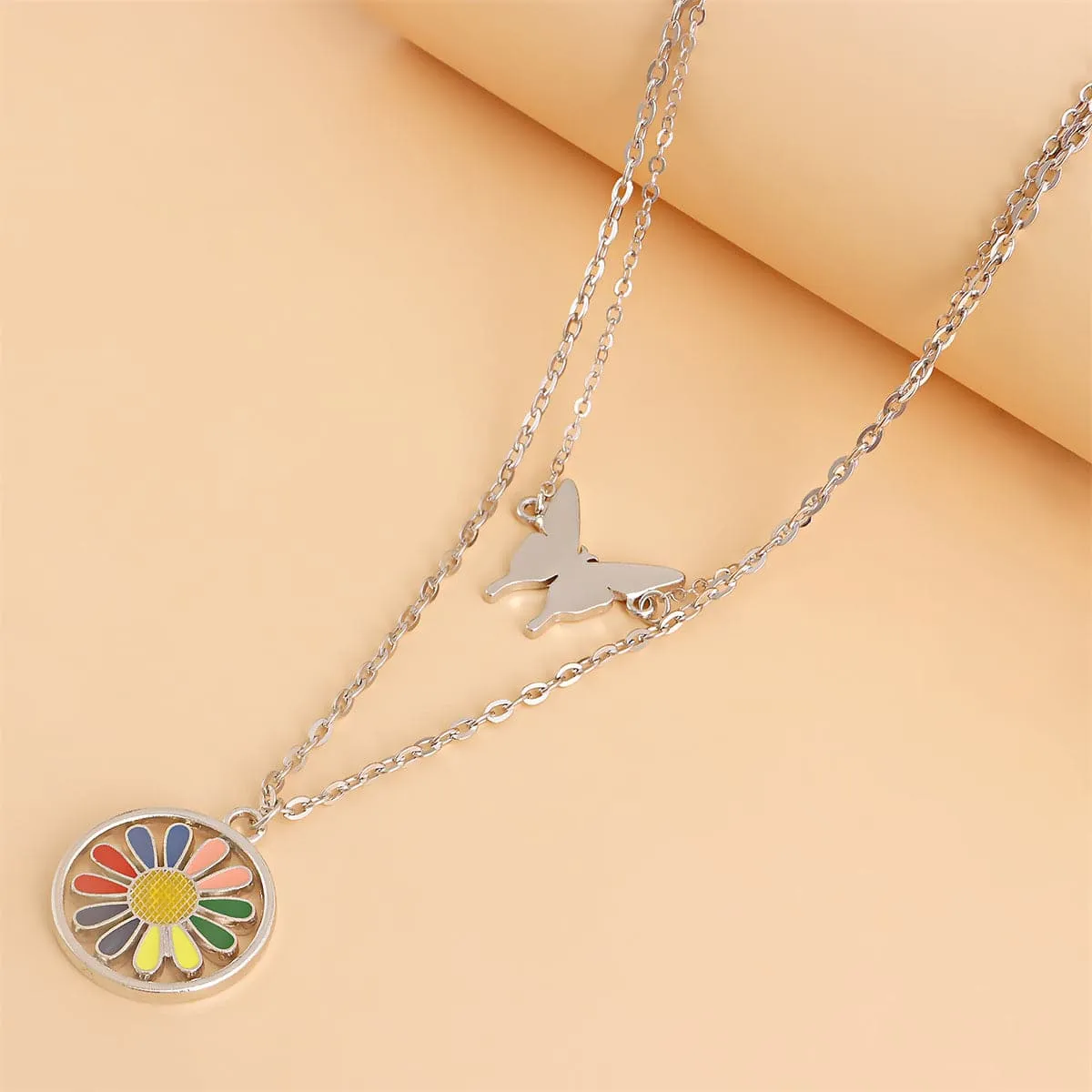 Pink Enamel & Silver-Plated Butterfly Sunflower Round Pendant Necklace Set
