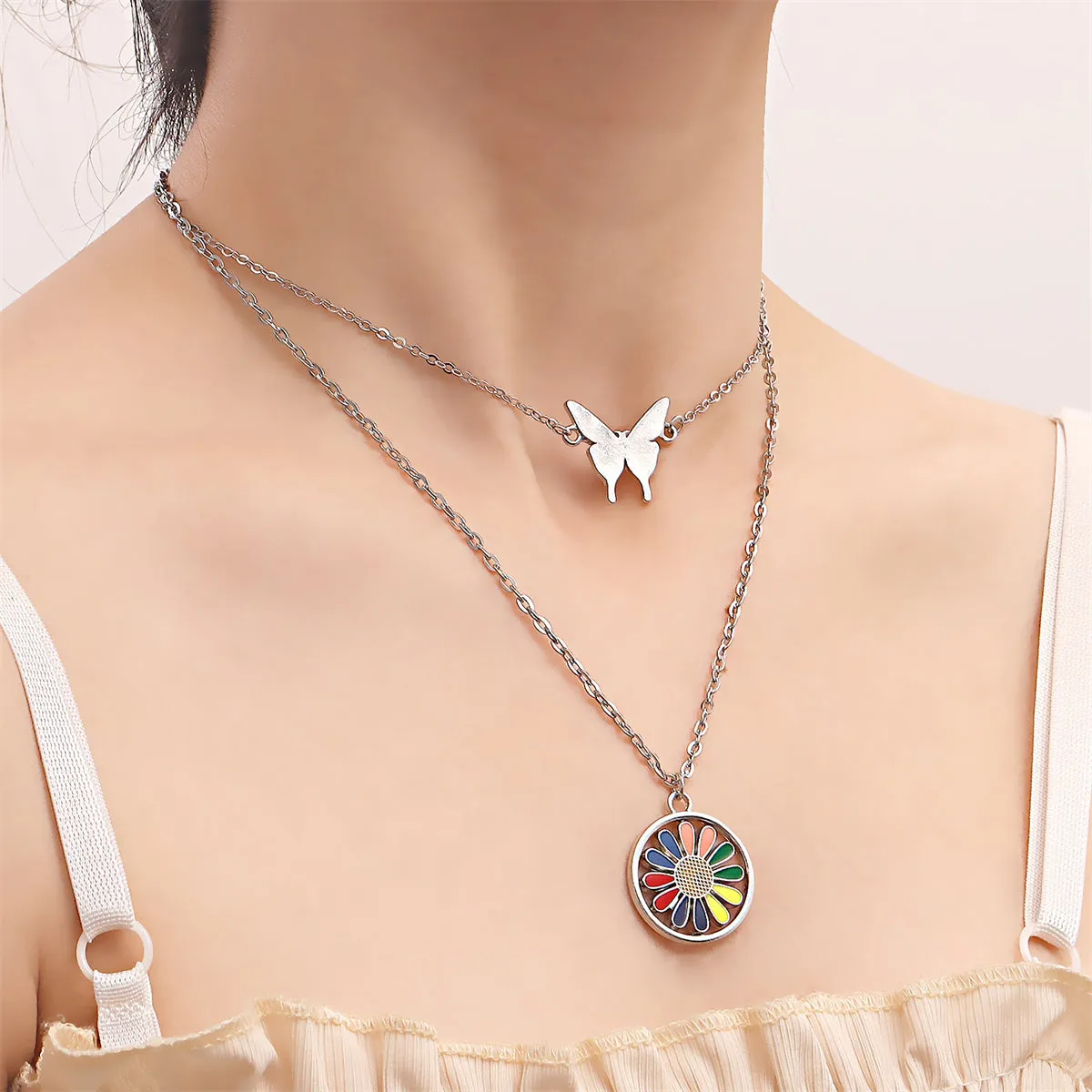 Pink Enamel & Silver-Plated Butterfly Sunflower Round Pendant Necklace Set