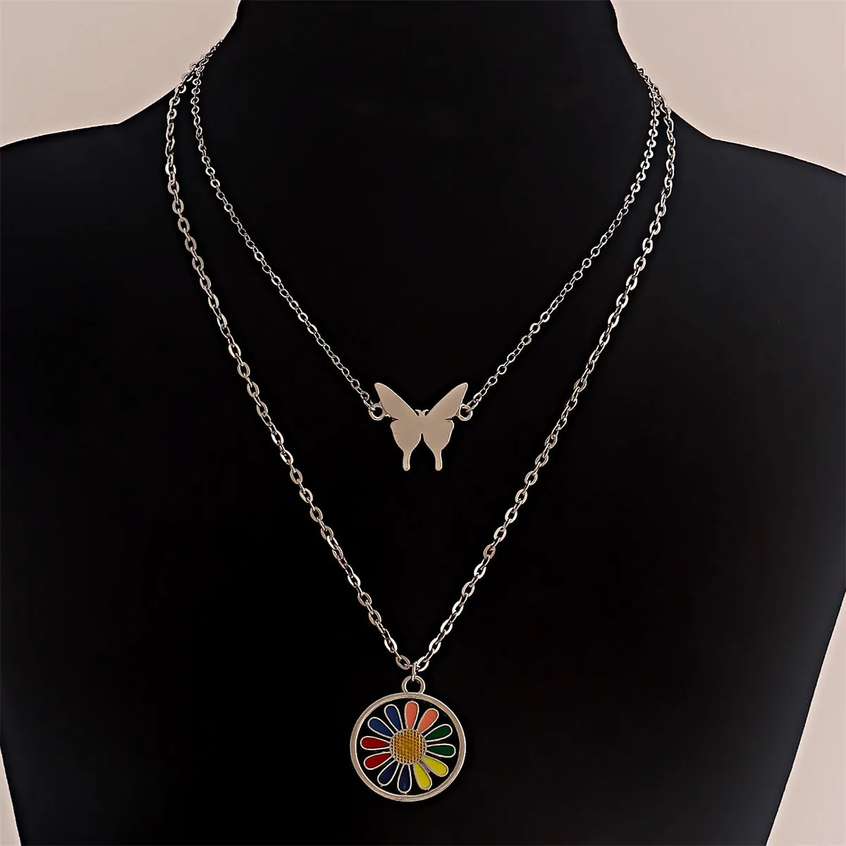 Pink Enamel & Silver-Plated Butterfly Sunflower Round Pendant Necklace Set