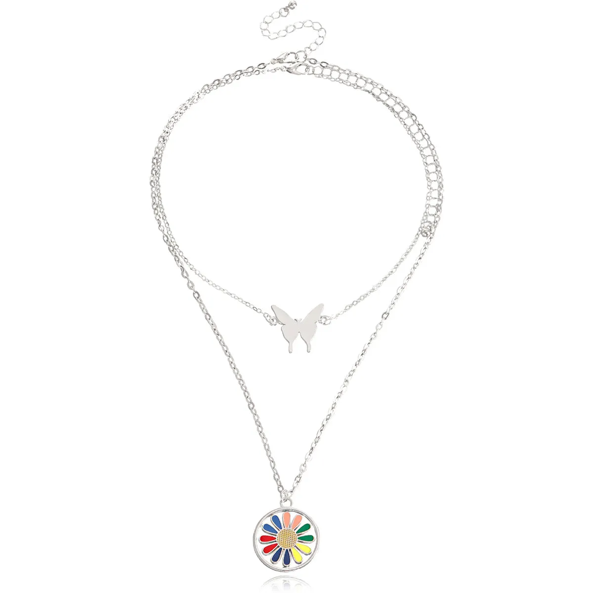 Pink Enamel & Silver-Plated Butterfly Sunflower Round Pendant Necklace Set