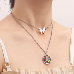 Pink Enamel & Silver-Plated Butterfly Sunflower Round Pendant Necklace Set