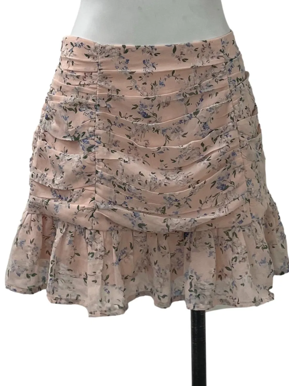 Pink Floral Ruched Mini Skirt