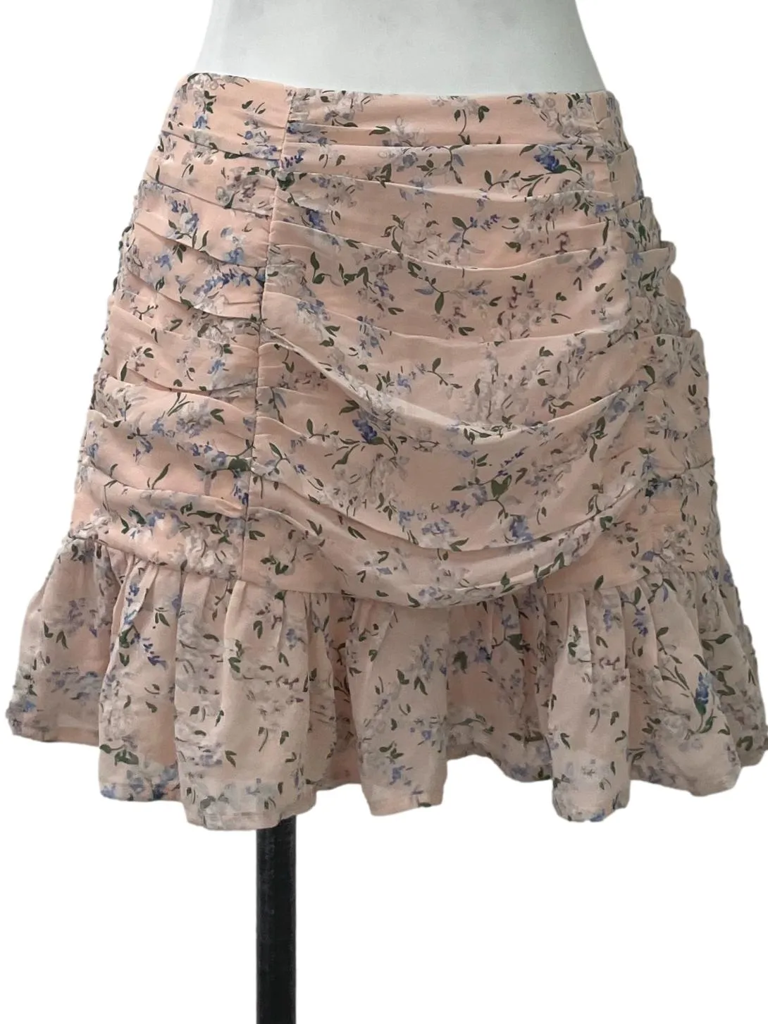 Pink Floral Ruched Mini Skirt