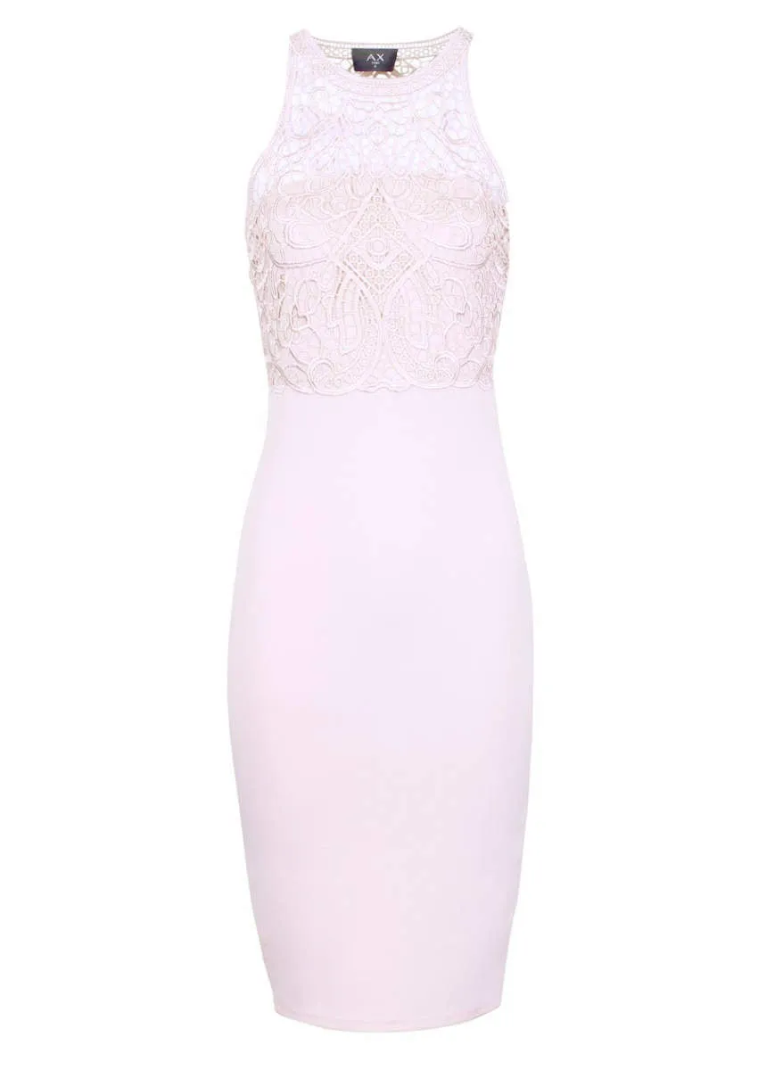 Pink High Neck Midi Length Bodycon Crochet Dress