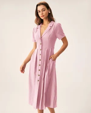Pink V Neck Pleated Button Midi Dress