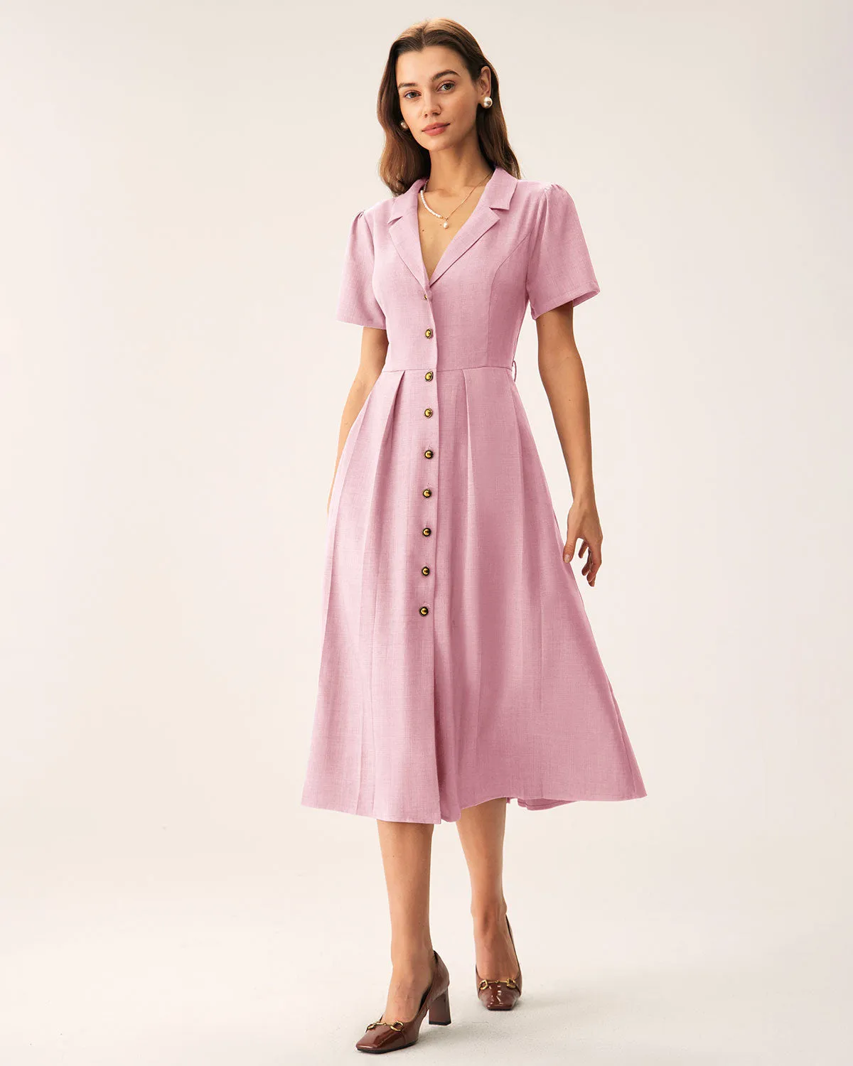 Pink V Neck Pleated Button Midi Dress