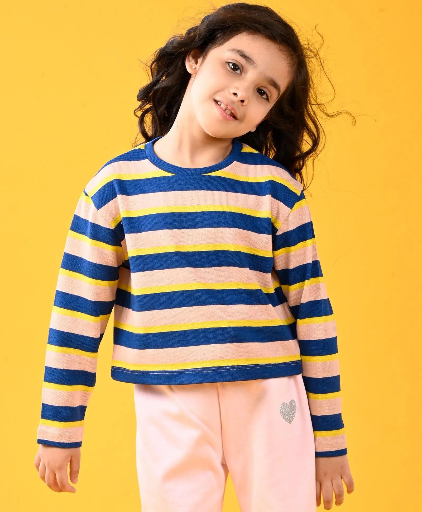 PINK YELLOW STRIPED LONG SLEEVES T-SHIRT - PINK