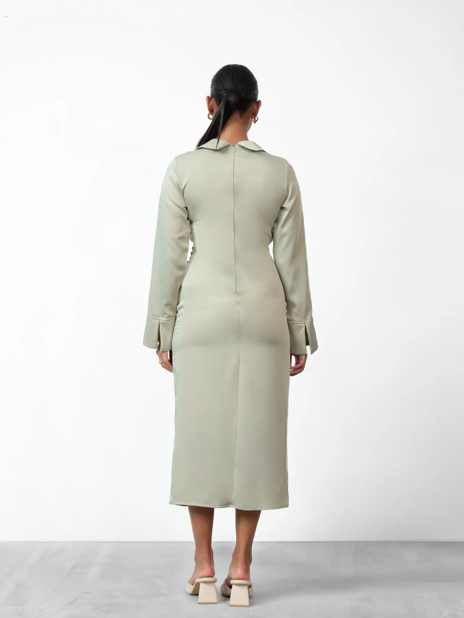 Pleat Detail Long Sleeve Midi Dress