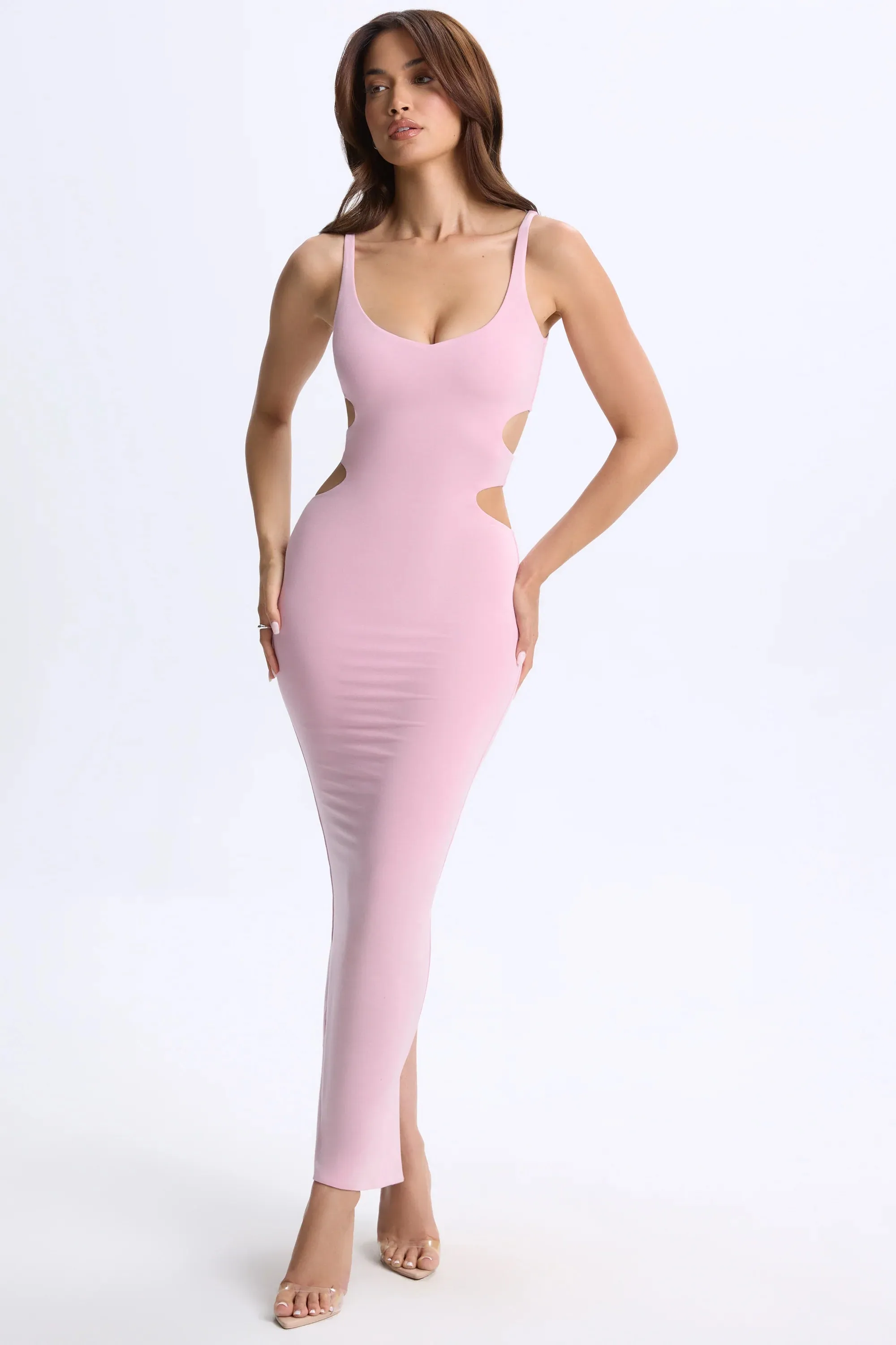 Plunge Cut-Out Maxi Dress in Blush Pink