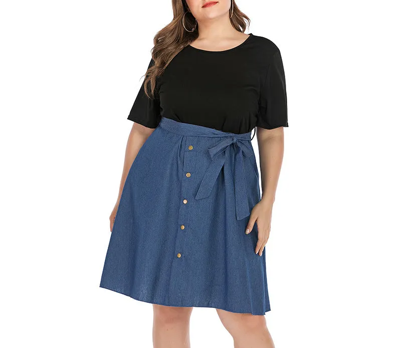 Plus Size Black Short Sleeve Stitching Denim Dress