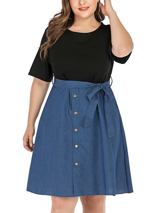 Plus Size Black Short Sleeve Stitching Denim Dress