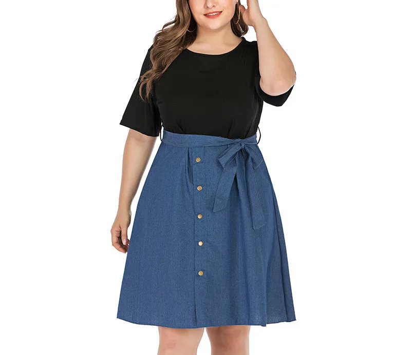 Plus Size Black Short Sleeve Stitching Denim Dress