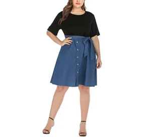 Plus Size Black Short Sleeve Stitching Denim Dress
