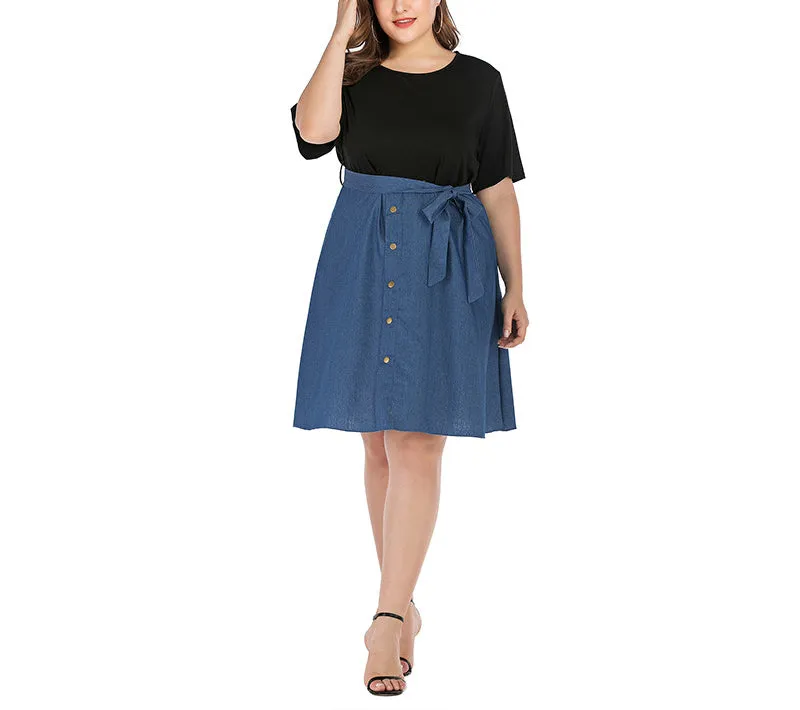 Plus Size Black Short Sleeve Stitching Denim Dress