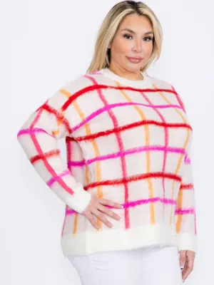 PLUS SIZE LONG SLEEVE CHECKERS PRINT PULLOVER SWEATER