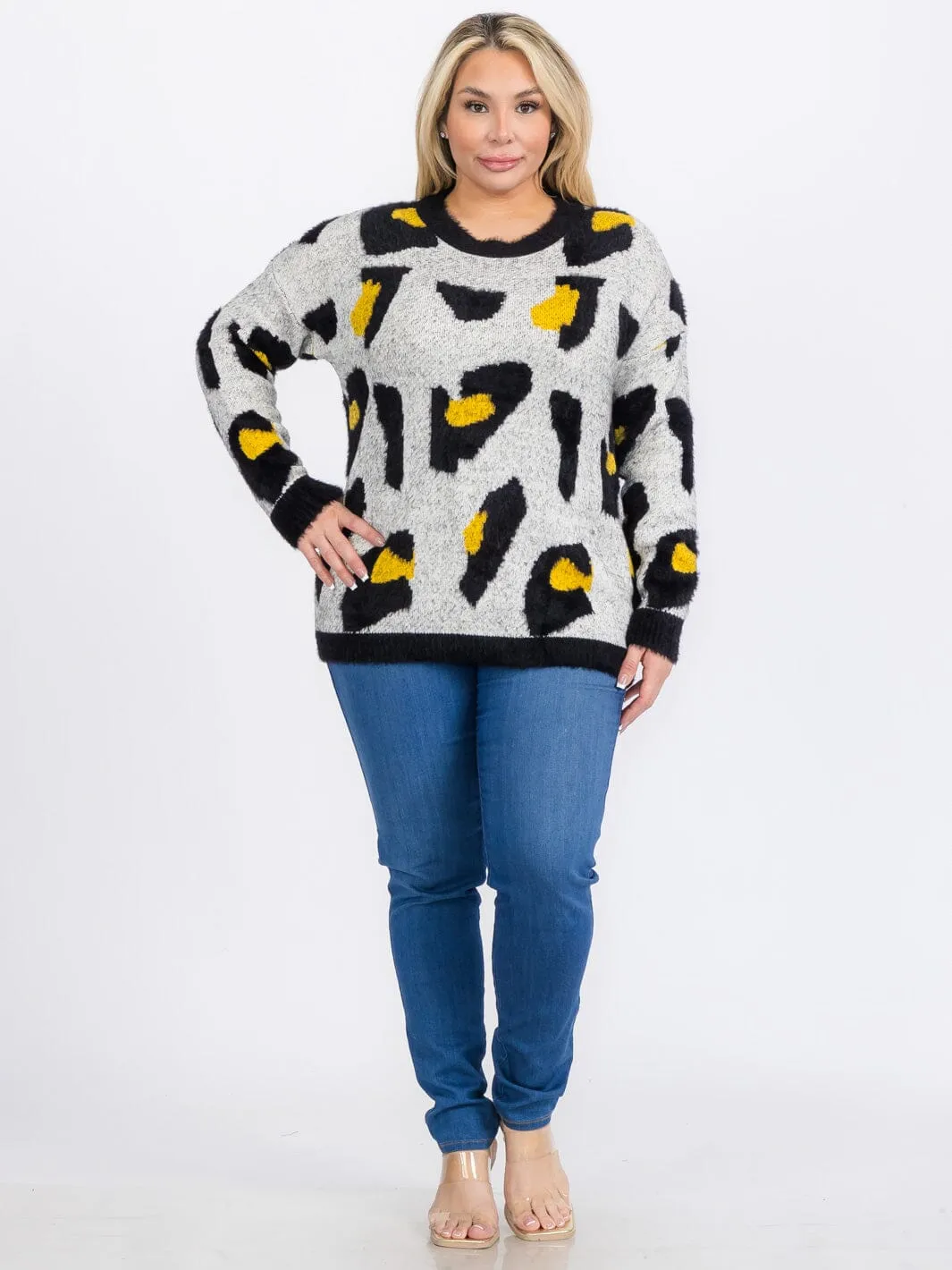 PLUS SIZE LONG SLEEVES PULLOVER COLORBLOCK ANIMAL PRINT SWEATER