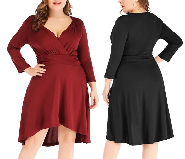 Plus Size Sexy V-neck Waist Solid Color Irregular Dress