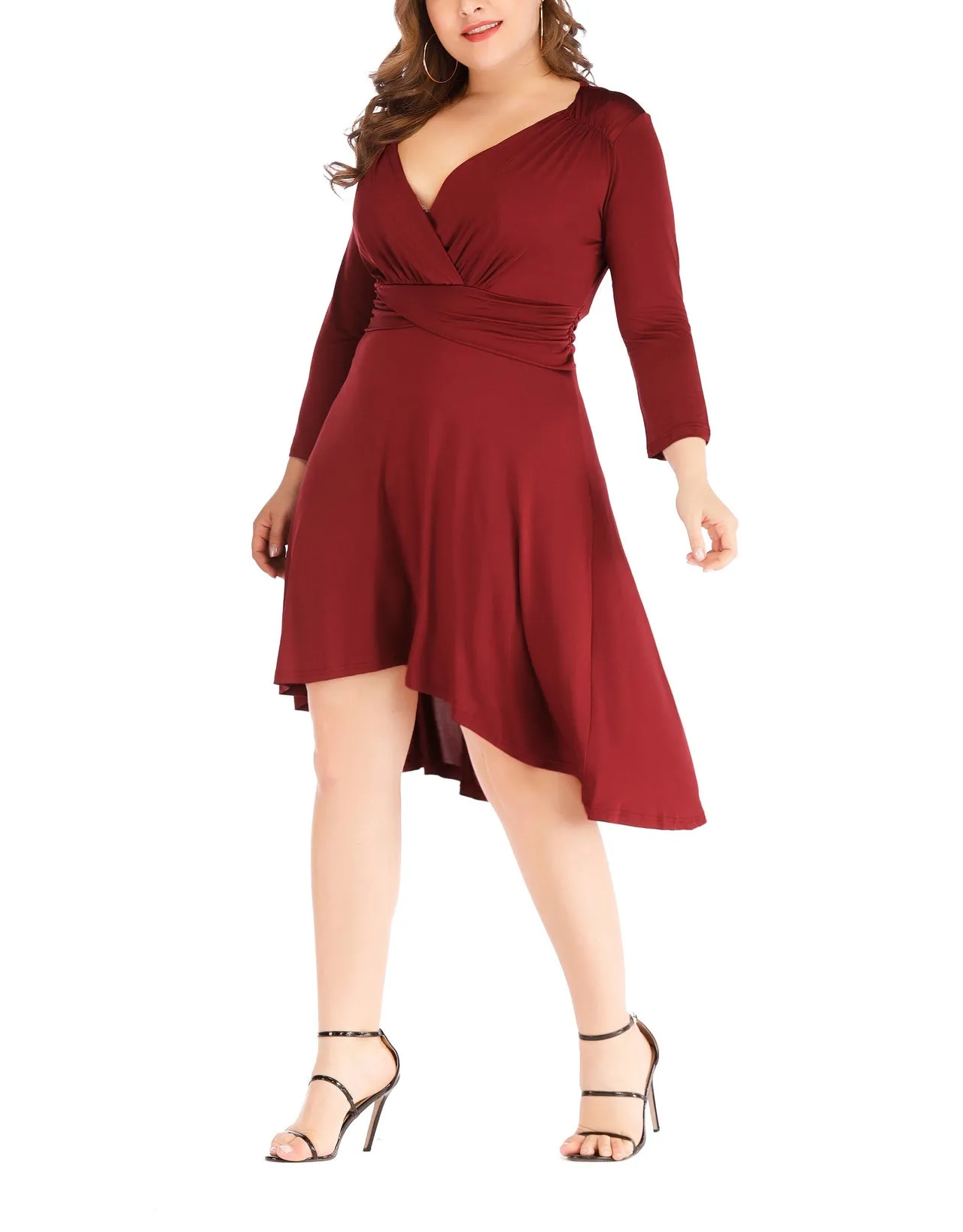 Plus Size Sexy V-neck Waist Solid Color Irregular Dress