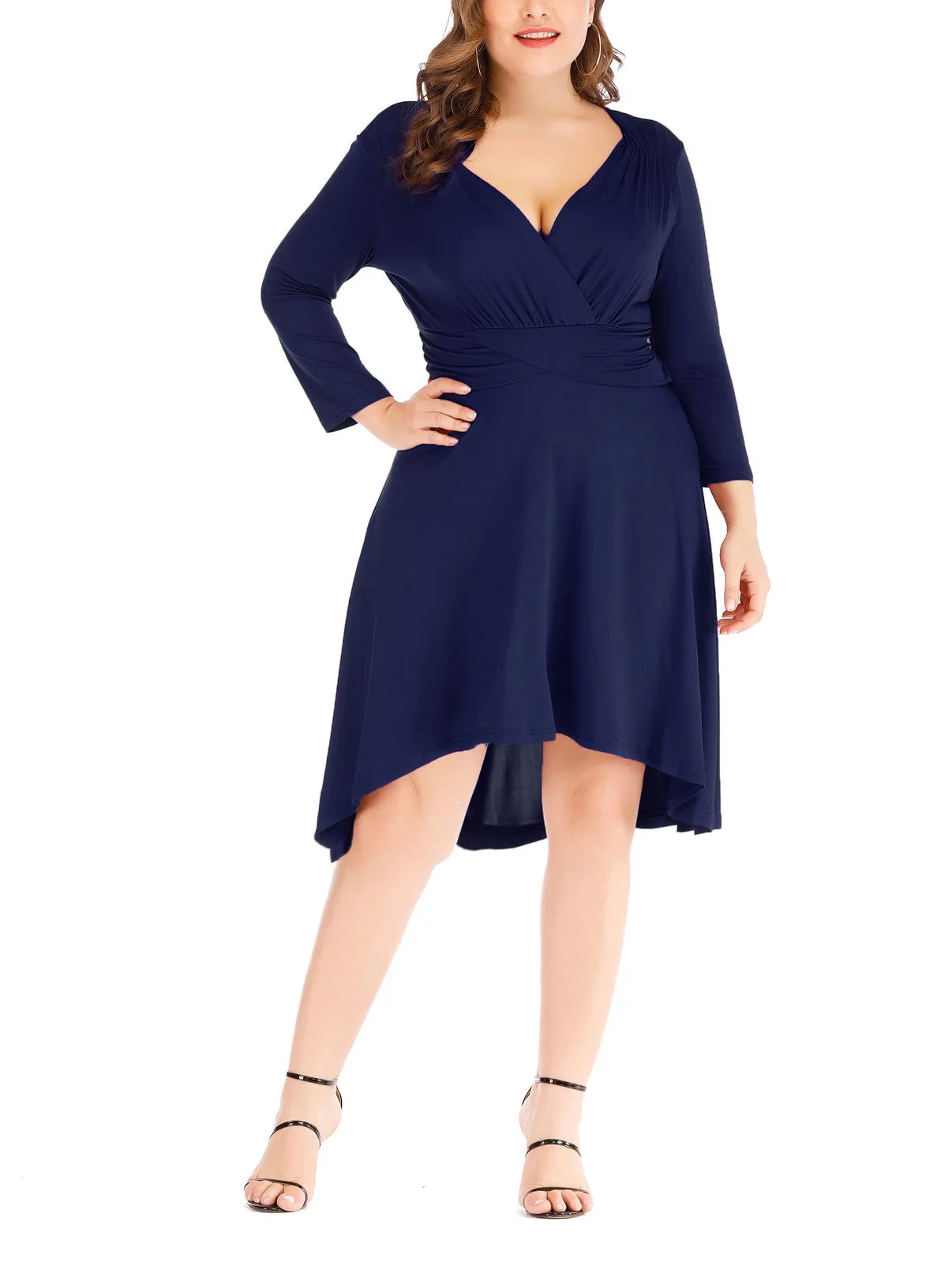 Plus Size Sexy V-neck Waist Solid Color Irregular Dress