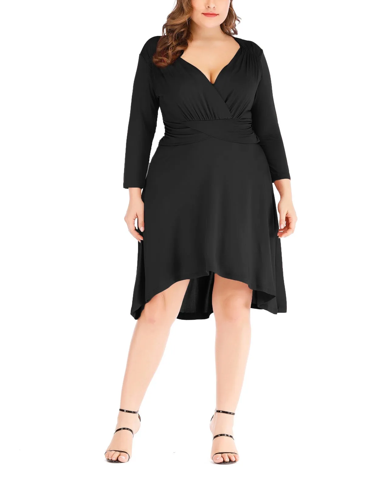 Plus Size Sexy V-neck Waist Solid Color Irregular Dress