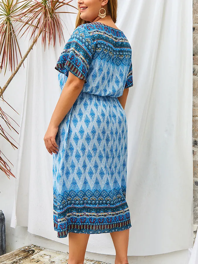 Plus Size Women Short Sleeve Print Dress