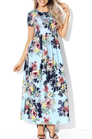 Pocket Design Short Sleeve Light Blue Floral Maxi Dress