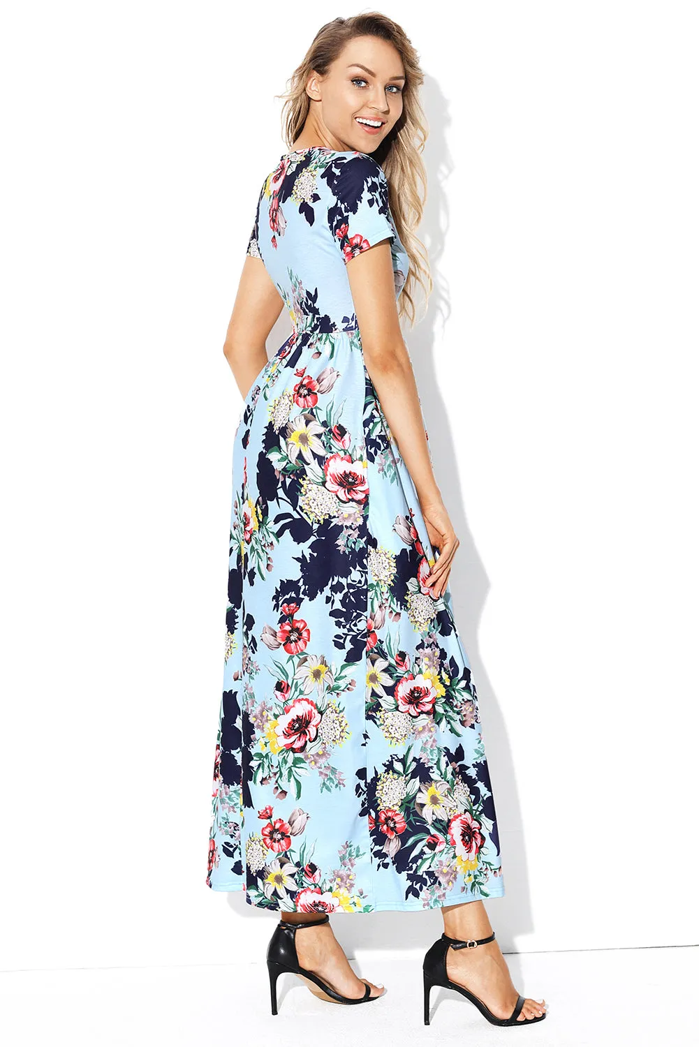 Pocket Design Short Sleeve Light Blue Floral Maxi Dress