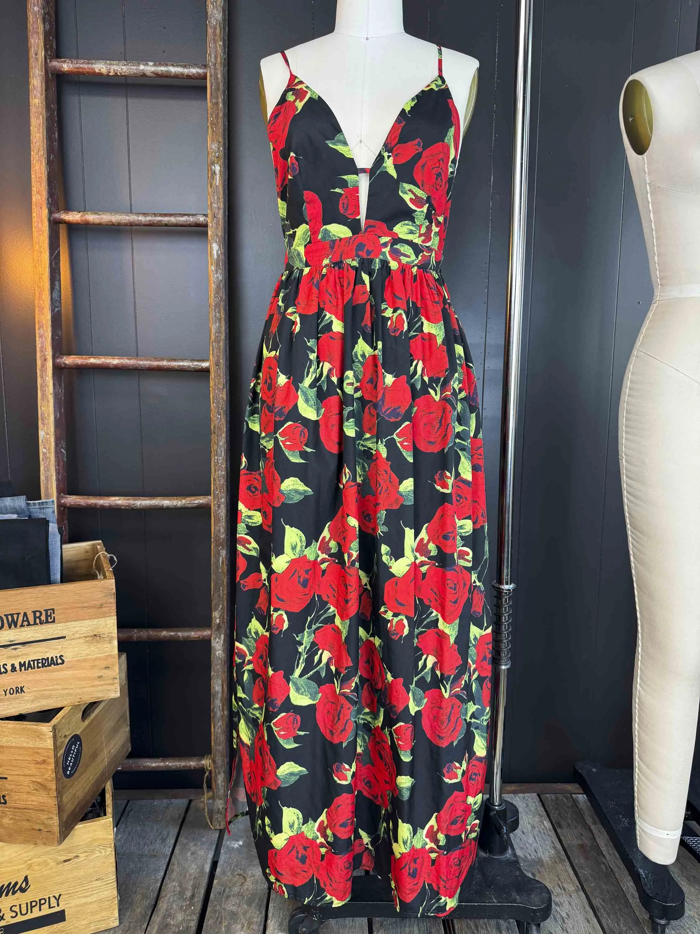 Pre-loved Deep V Rose Maxi Dress - Size S