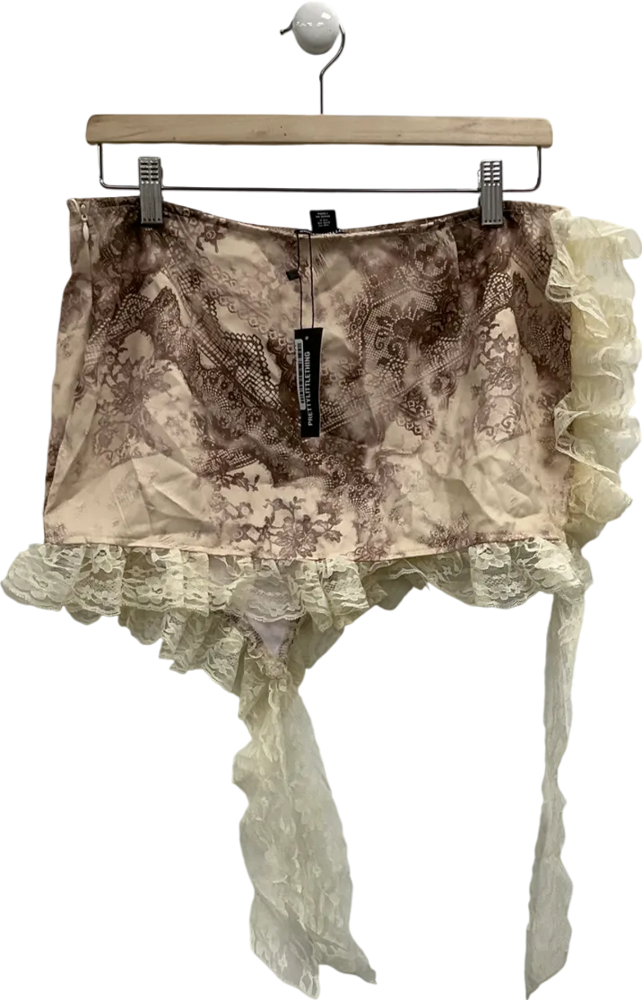 PrettyLittleThing Cream Leopard Print Lace Trim Mini Skirt UK 10