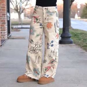 Printed Washed Twill Wide Leg Pants
