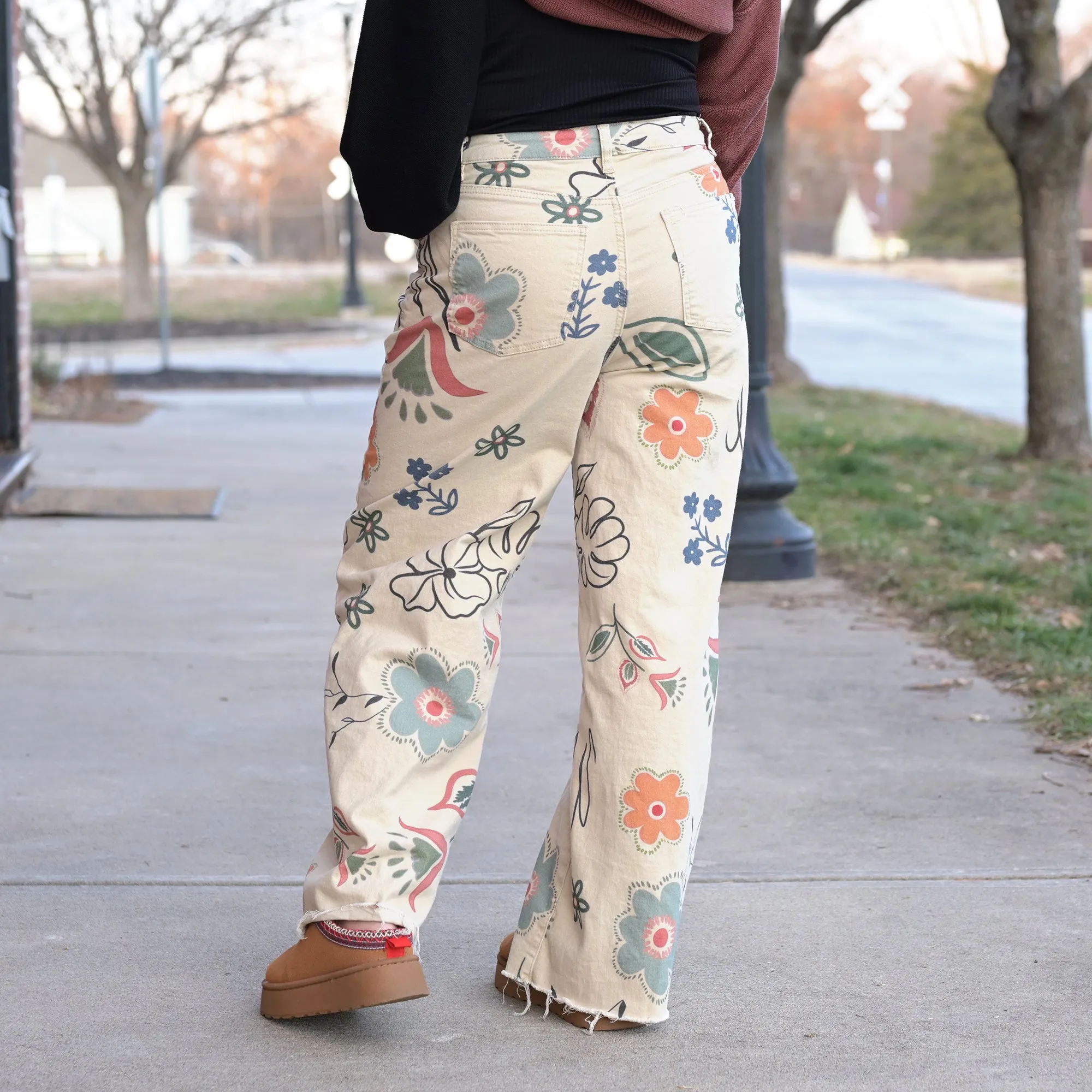 Printed Washed Twill Wide Leg Pants