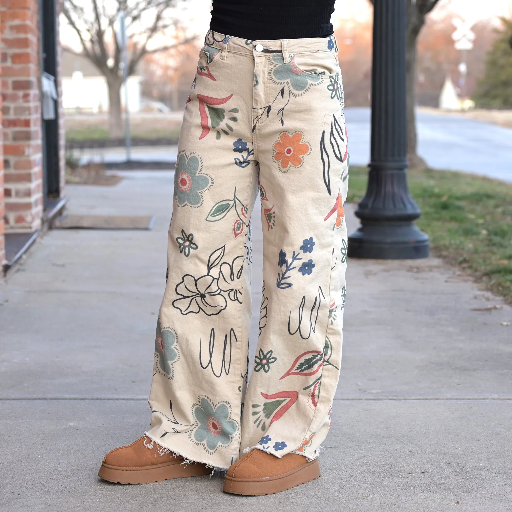 Printed Washed Twill Wide Leg Pants