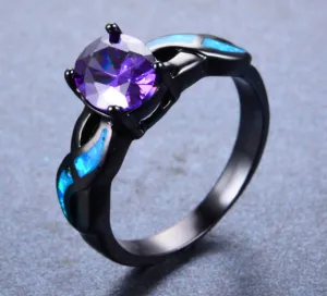 Purple Amethyst Black Gold Filled Fire Opal Ring